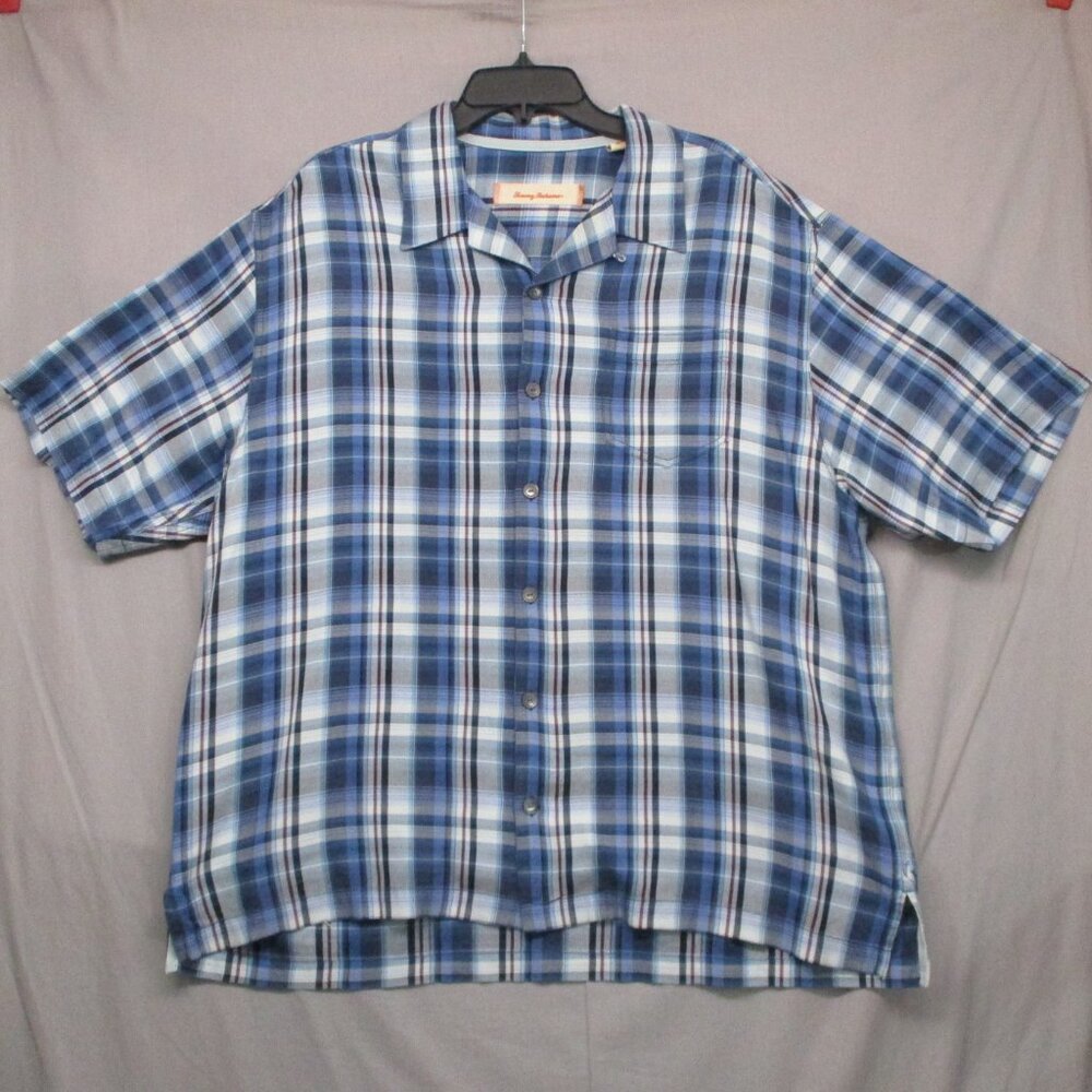 Tommy Bahama Button Down 100% Silk Plaid Blue & Gray Men Size | XL